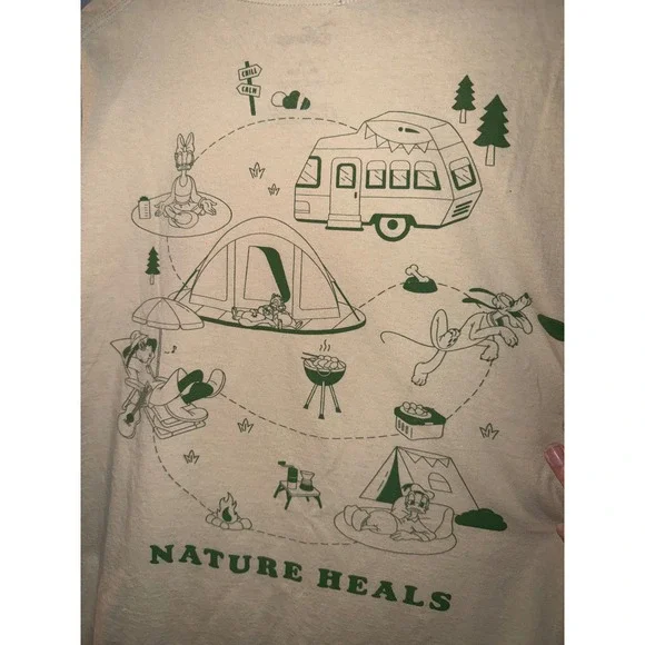 Disney Nature Heals Camping Graphic T-Shirt XL Cream Mickey Mouse & Friends Tee - Picture 2 of 7